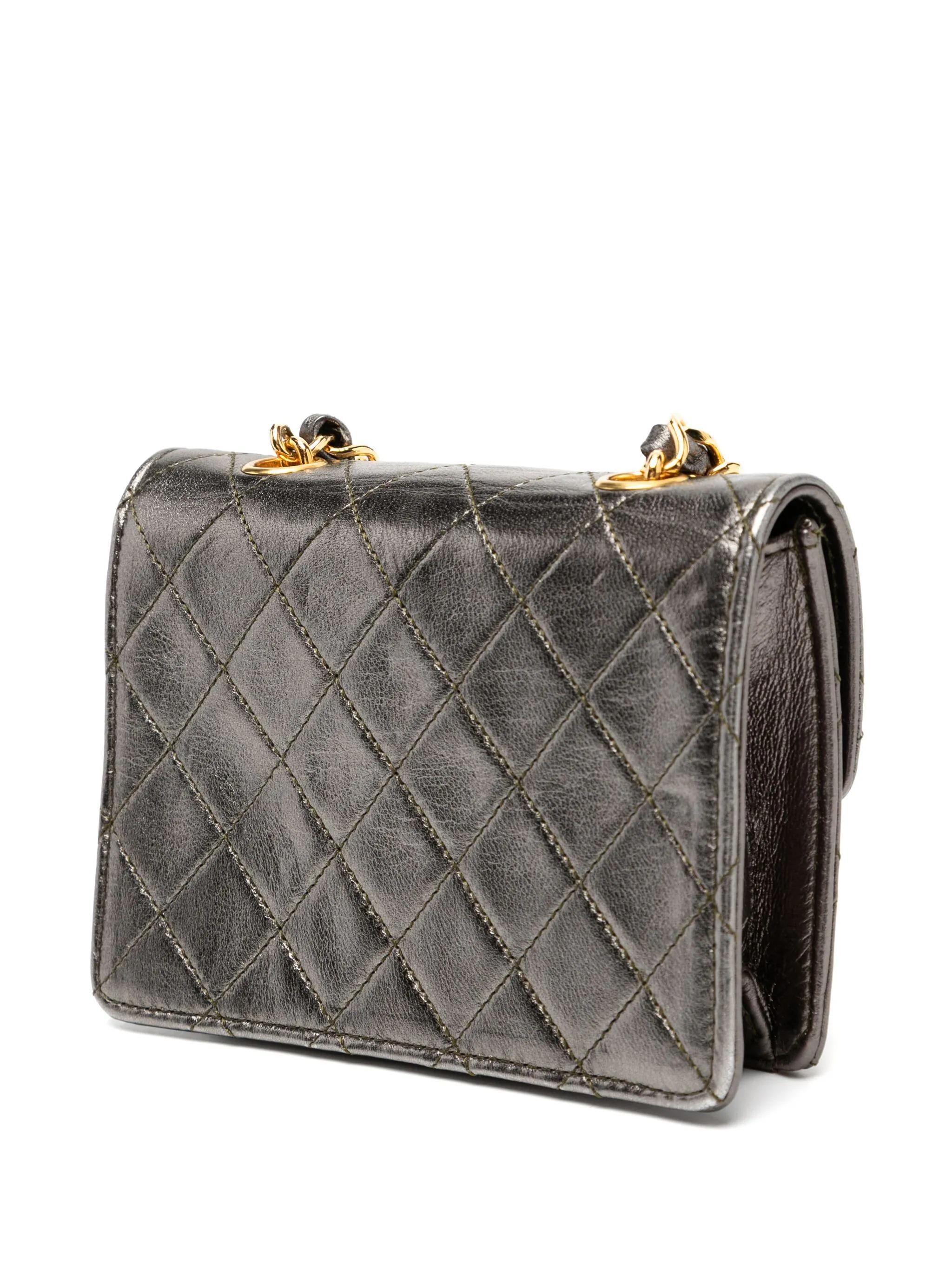 Chanel Vintage 90's Micro Mini Metallic Charcoal Grey Quilted Lambskin Flap In Good Condition For Sale In Miami, FL