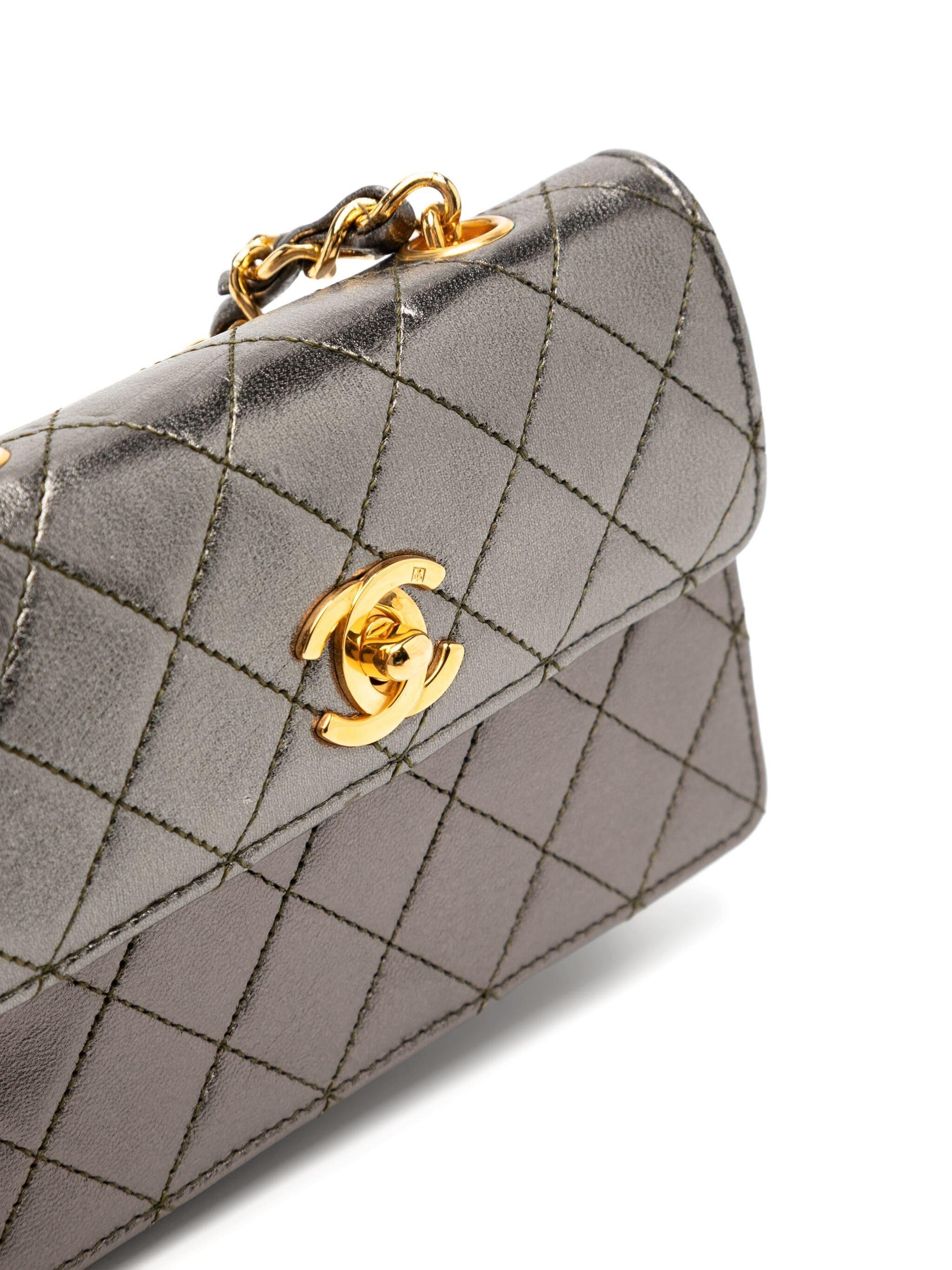 Women's or Men's Chanel Vintage 90's Micro Mini Metallic Charcoal Grey Quilted Lambskin Flap For Sale
