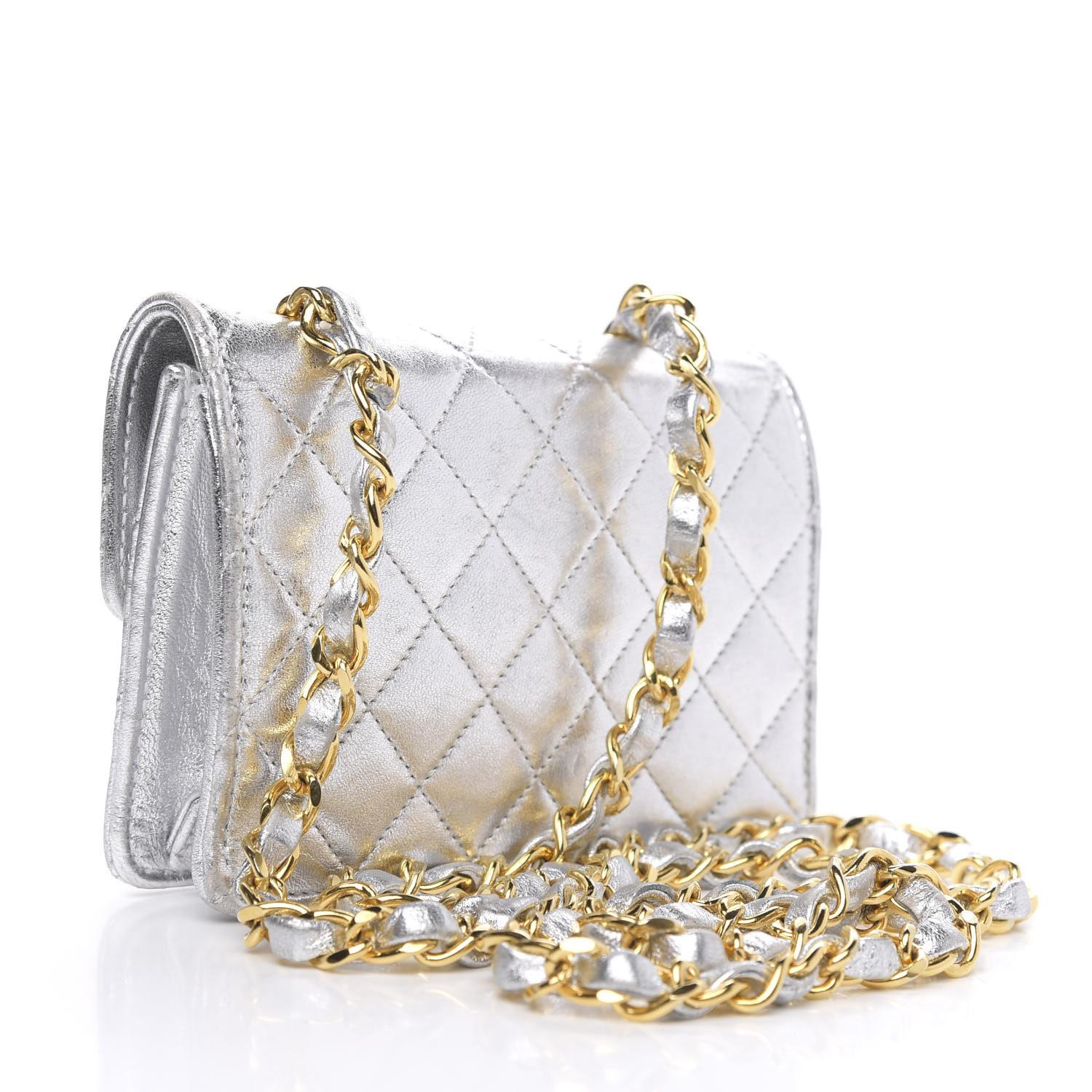Chanel Vintage 90's Micro Mini Metallic Silver Quilted Classic Flap Bag In Good Condition For Sale In Miami, FL