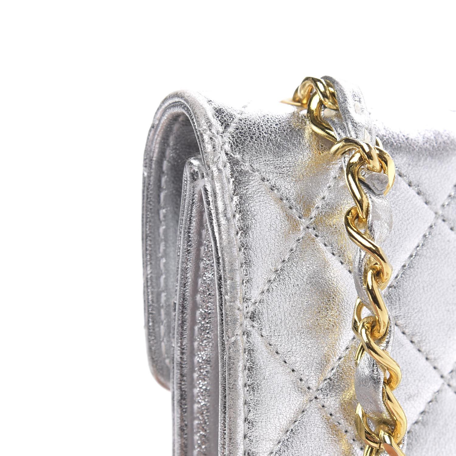 Chanel Vintage 90's Micro Mini Metallic Silver Quilted Classic Flap Bag For Sale 4