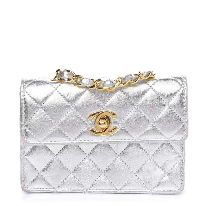 Chanel Vintage 90's Micro Mini Metallic Silver Quilted Classic Flap Bag ...