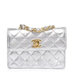Chanel Vintage 90's Micro Mini Metallic Silver Quilted Classic Flap Bag