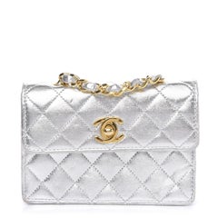 Chanel Retro 90's Micro Mini Metallic Silver Quilted Classic Flap Bag