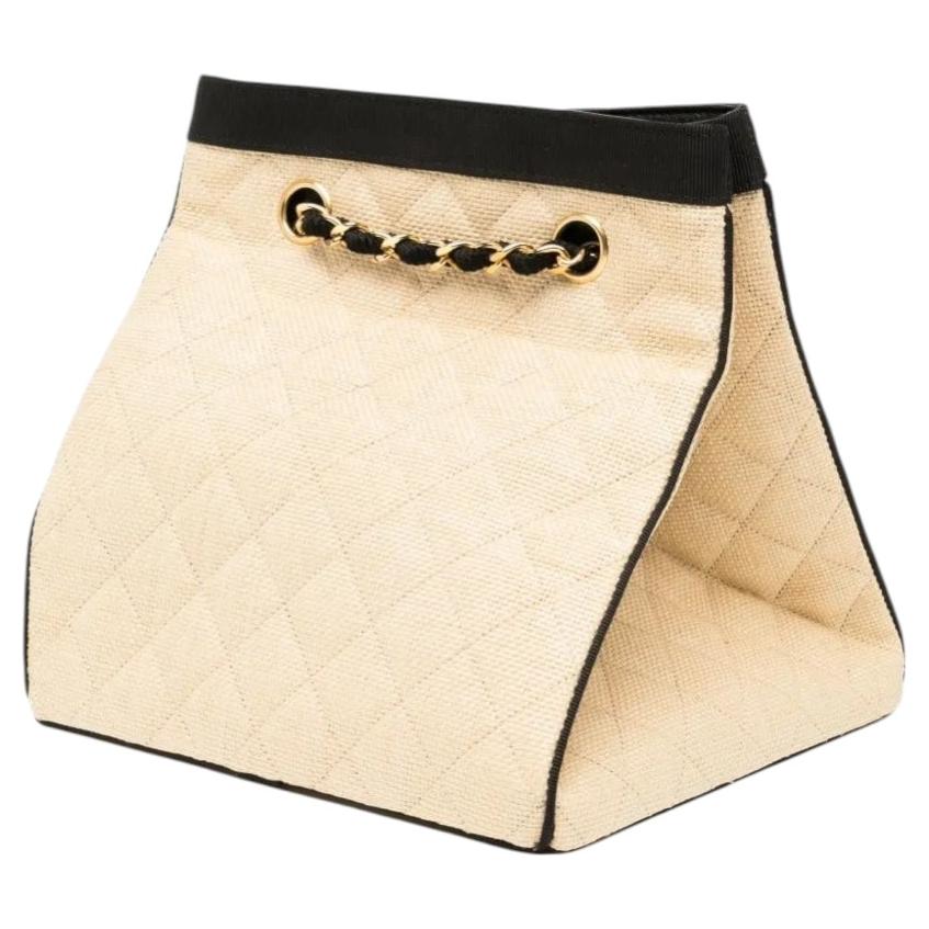 Chanel Vintage 90s Rare Cream Raffia Straw CC Logo Quilted Chain Shoulder Bag For Sale