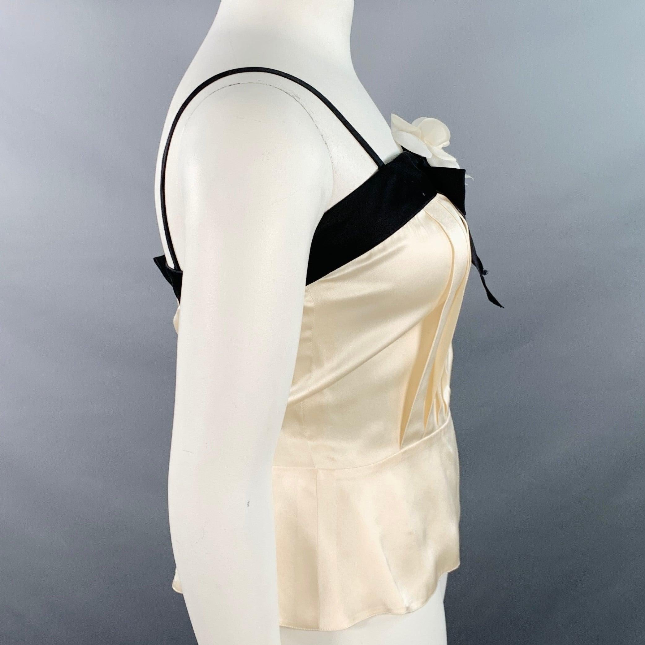 White CHANEL Vintage 90s Size 10 Black Cream Silk Camisole Camellia Dress Top For Sale
