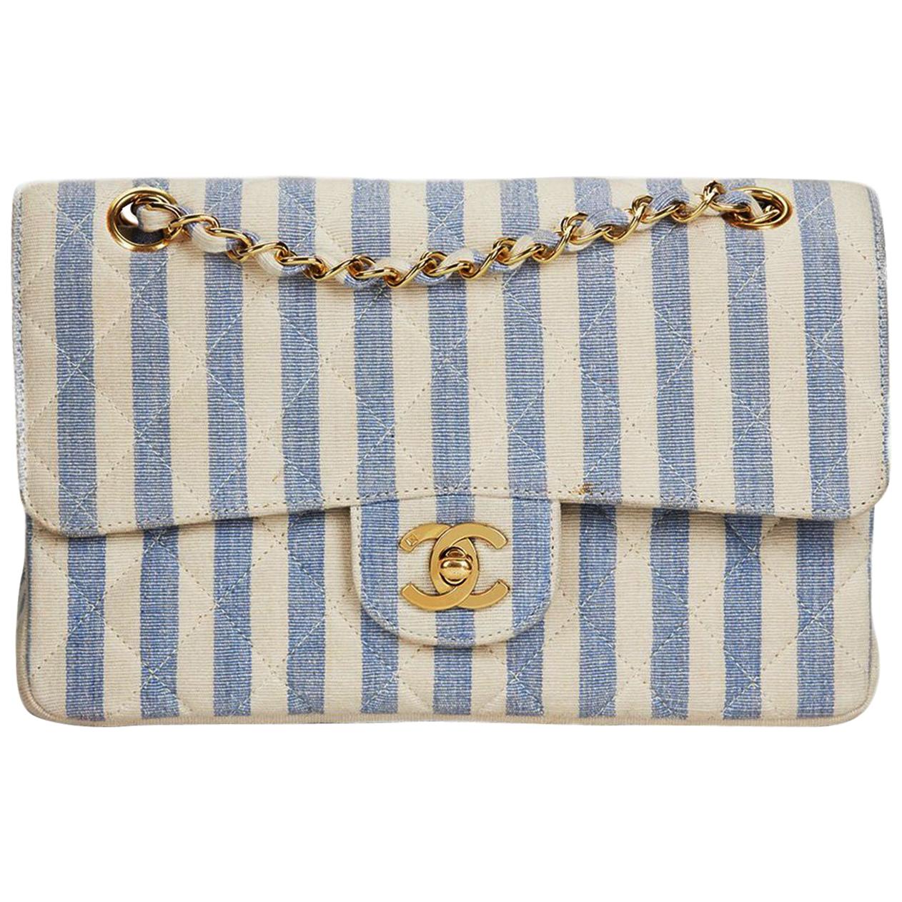 Chanel Vintage 90s Striped Rare Blue and White Linen 
Cotton Classic Flap Bag