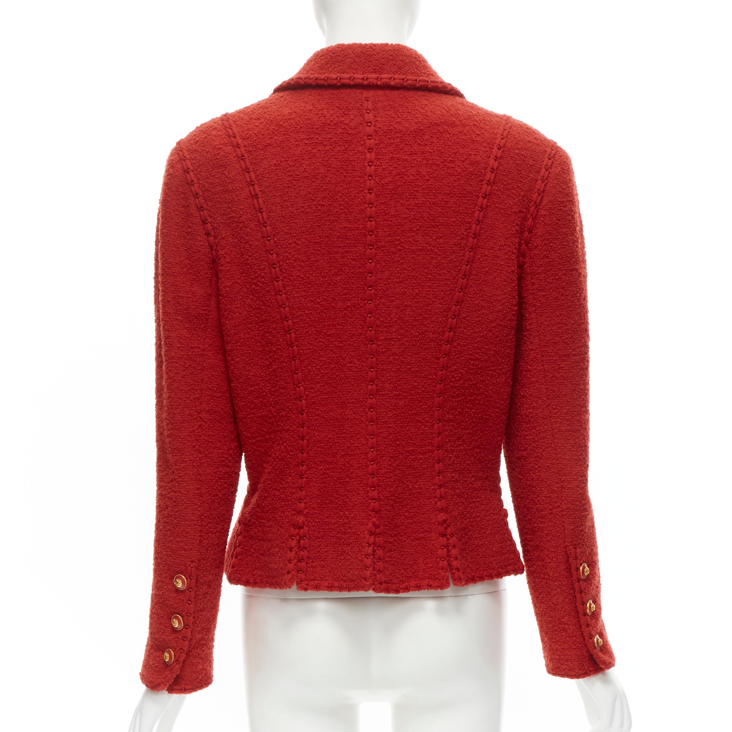Red CHANEL Vintage 93A red boucle tweed boned corset structured braided CC jacket 