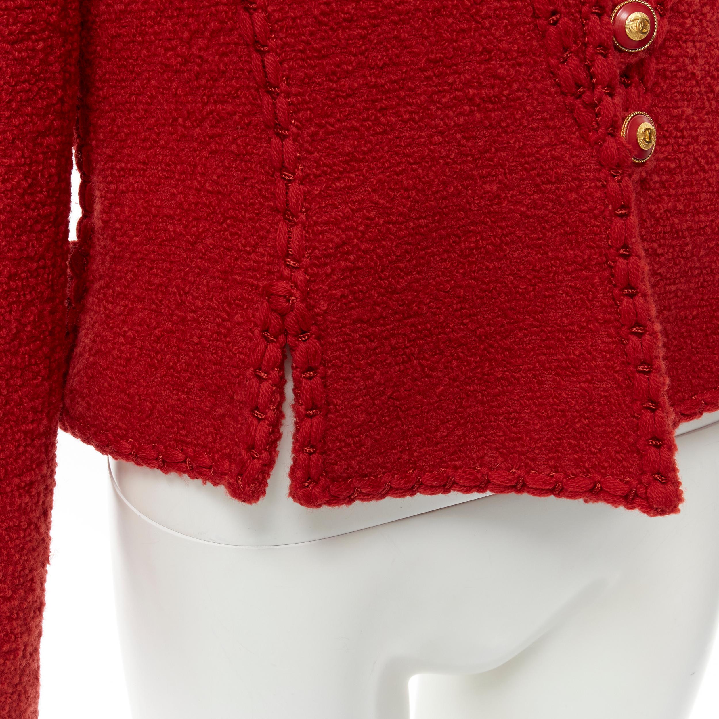 CHANEL Vintage 93A red boucle tweed boned corset structured braided CC jacket  1