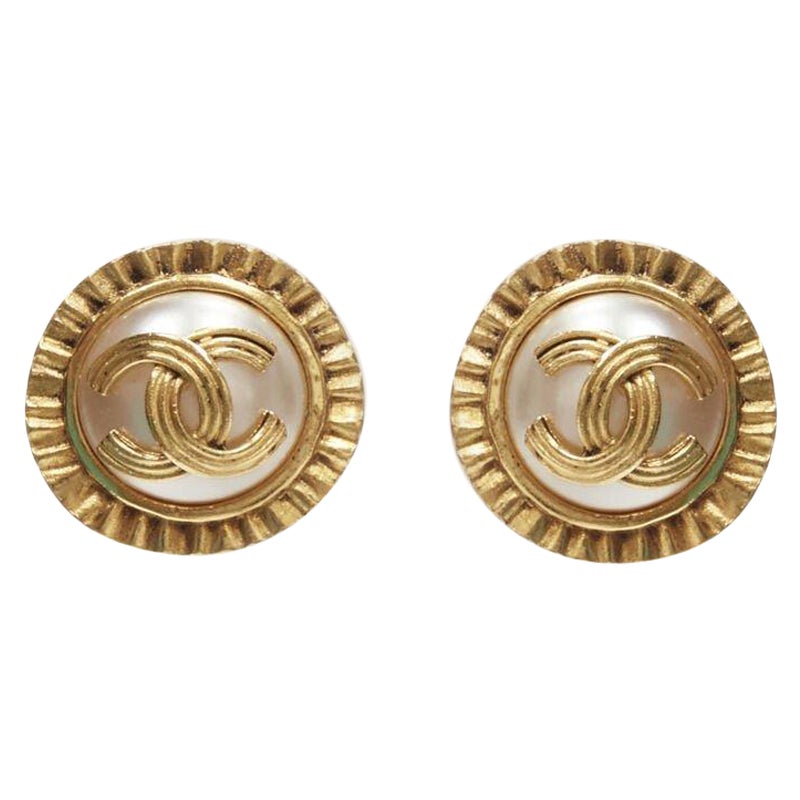 CHANEL Vintage 94A gold tone faux pearl CC logo clip on earring pair