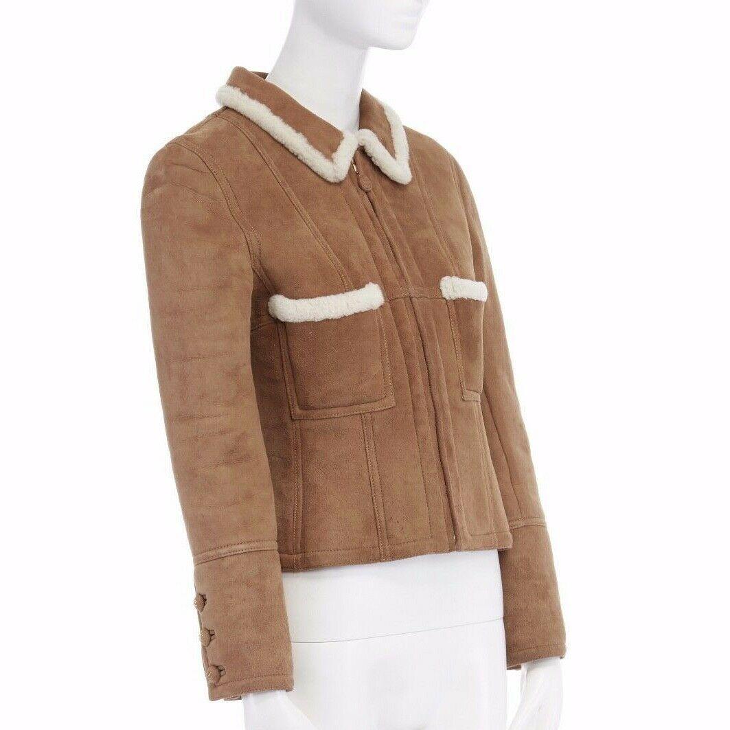 Brown CHANEL Vintage 96A brown suede shearling lined cropped aviator jacket FR38 US4 S