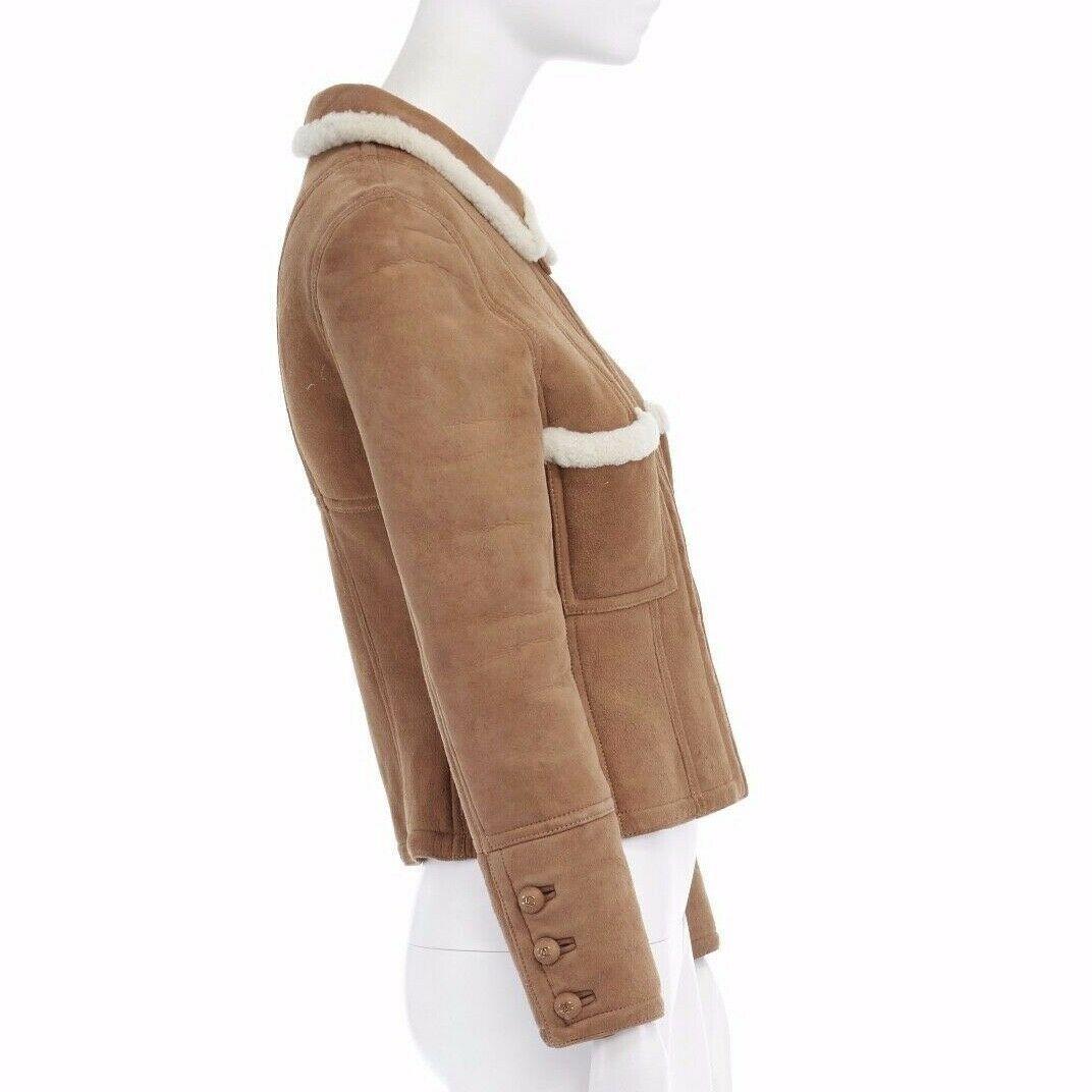 CHANEL Vintage 96A brown suede shearling lined cropped aviator jacket FR38 US4 S In Excellent Condition In Hong Kong, NT