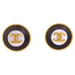 Chanel Vintage 96P Mother of Pearl Wooden CC Logo Stud Earrings Wood 65574