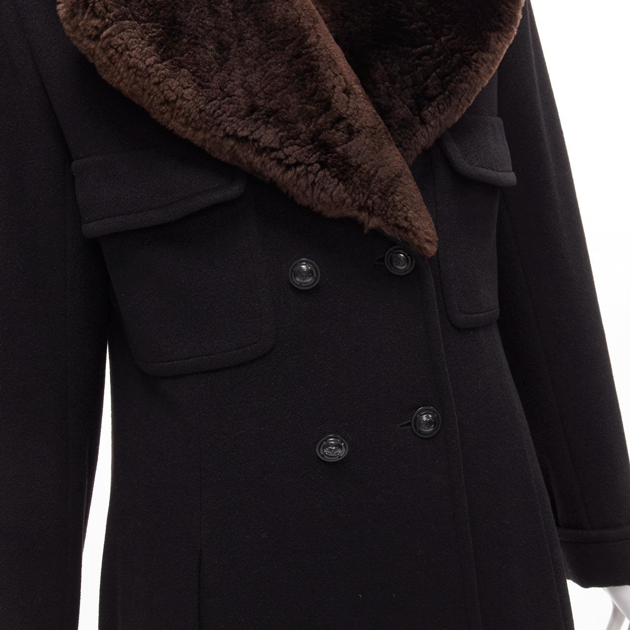 CHANEL Vintage 97A 100% cashmere brown fur collar A-line coat FR38 M
Reference: CC/A00388
Brand: Chanel
Designer: Karl Lagerfeld
Collection: 97A
Material: Cashmere, Fur
Color: Black, Brown
Pattern: Solid
Closure: Button
Lining: Burgundy Silk
Extra