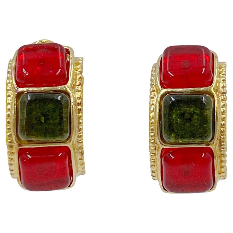 Chanel Vintage 97A Gripoix Red and Green Gripoix Stone Hoop Earrings 65732  For Sale at 1stDibs