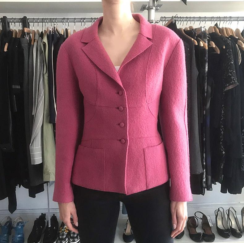 Chanel 1999 fall / winter collection rosy quartz colored jacket. Boiled wool, silk lined, silvertone chain sewn in interior hem. Color is a pale muted dusty rose like in second photo. Tagged size FR 40 (USA 8). To fit 35
