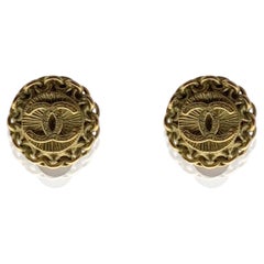 Chanel Vintage Aged Gold Metal Round CC Logo Clip On Earrings