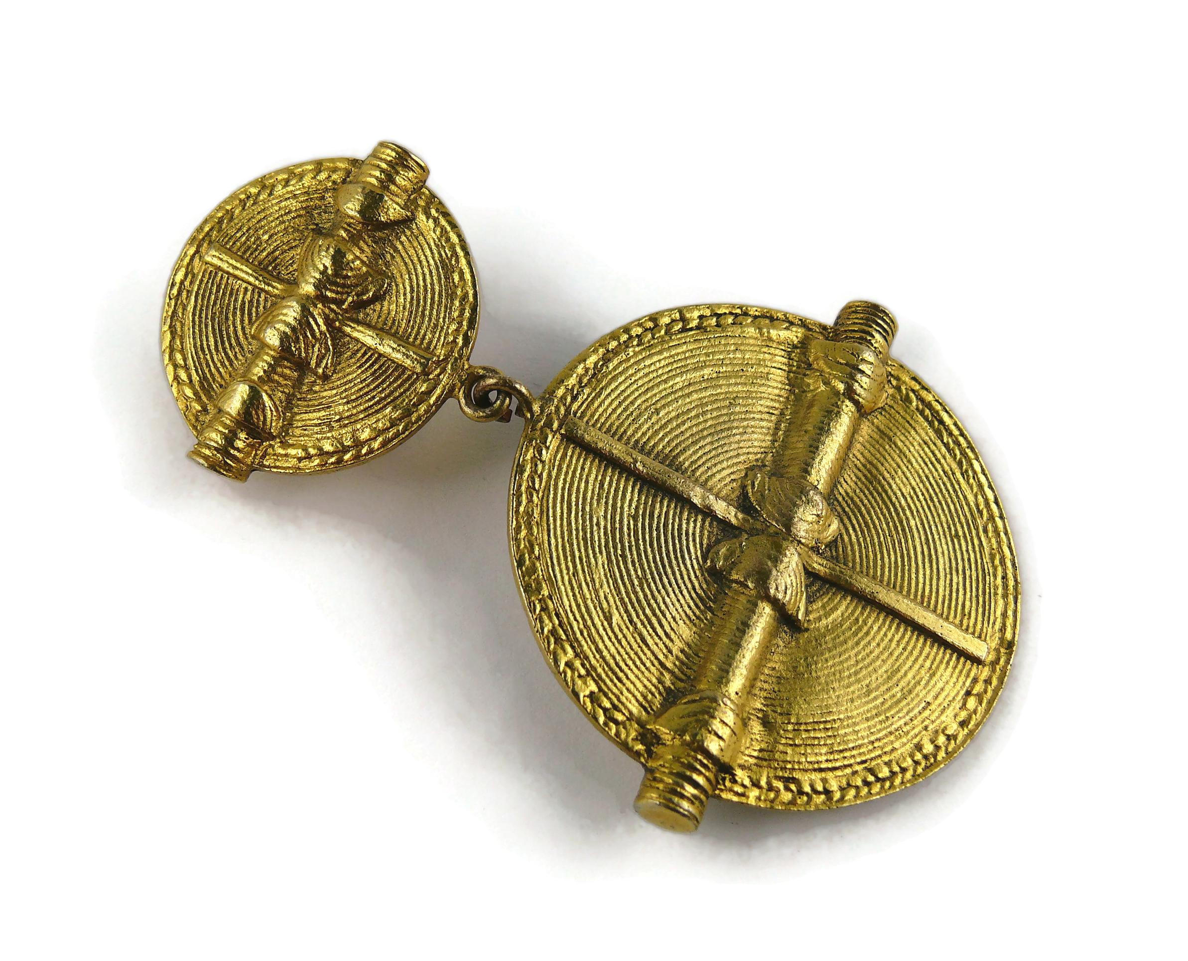 Chanel Vintage Antiqued Gold Toned African Inspired Shields Dangling Earrings For Sale 4