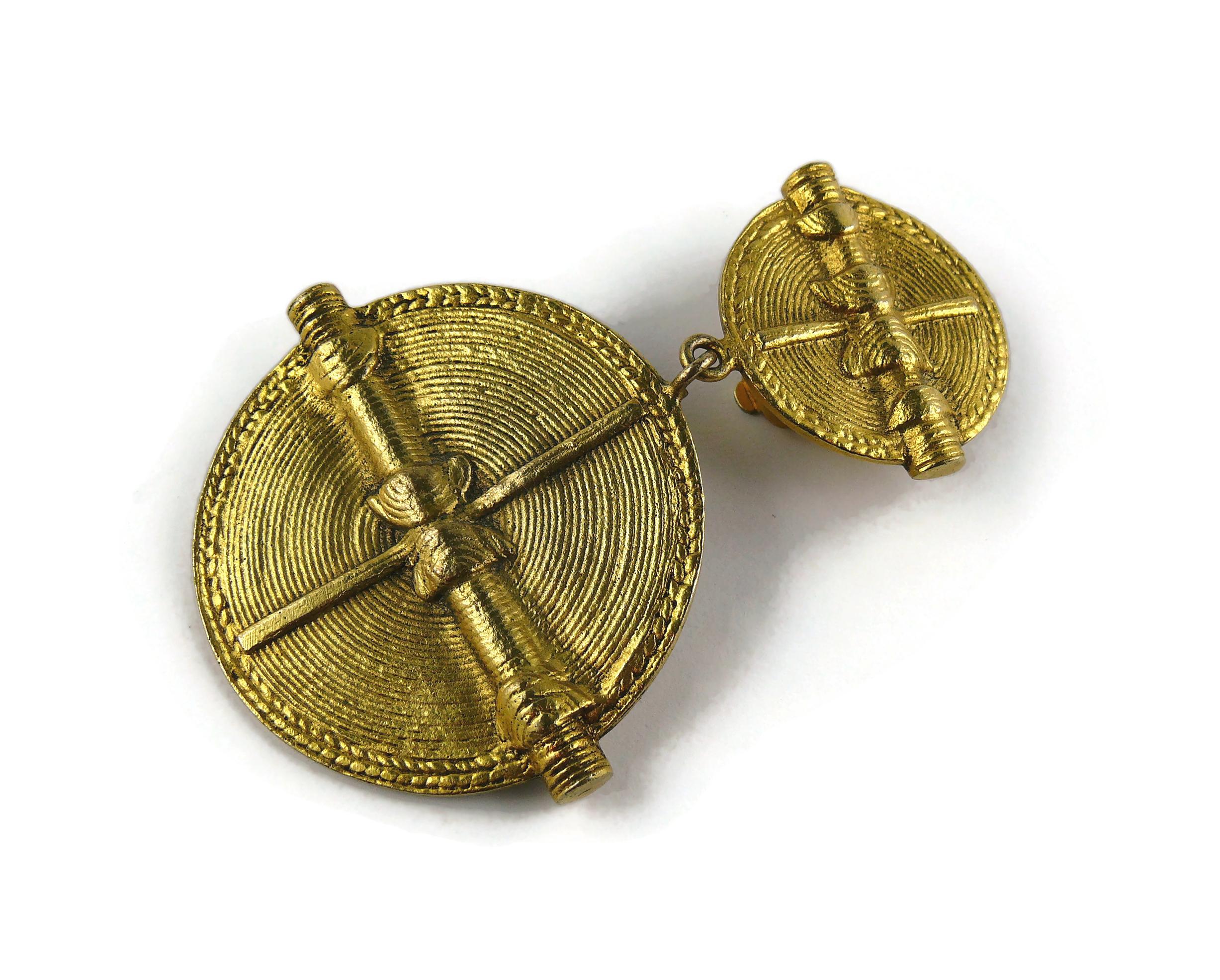 Chanel Vintage Antiqued Gold Toned African Inspired Shields Dangling Earrings For Sale 5