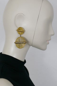 Chanel Vintage Antiqued Gold Toned African Inspired Shields Dangling Earrings