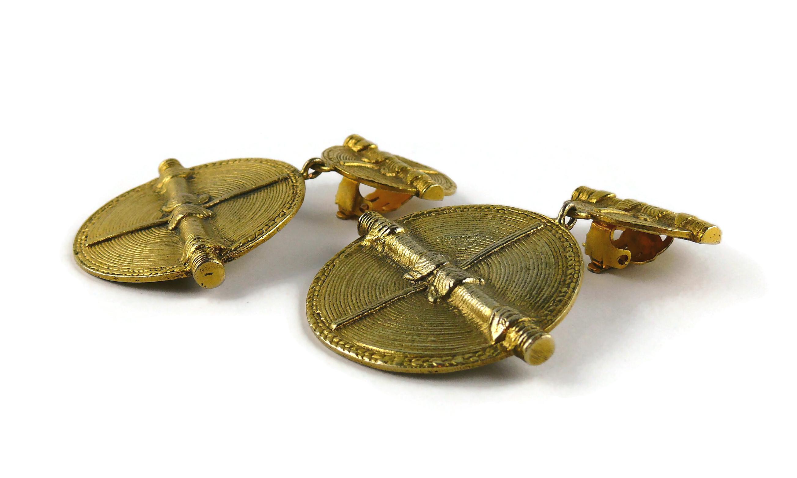 Chanel Vintage Antiqued Gold Toned African Inspired Shields Dangling Earrings For Sale 1