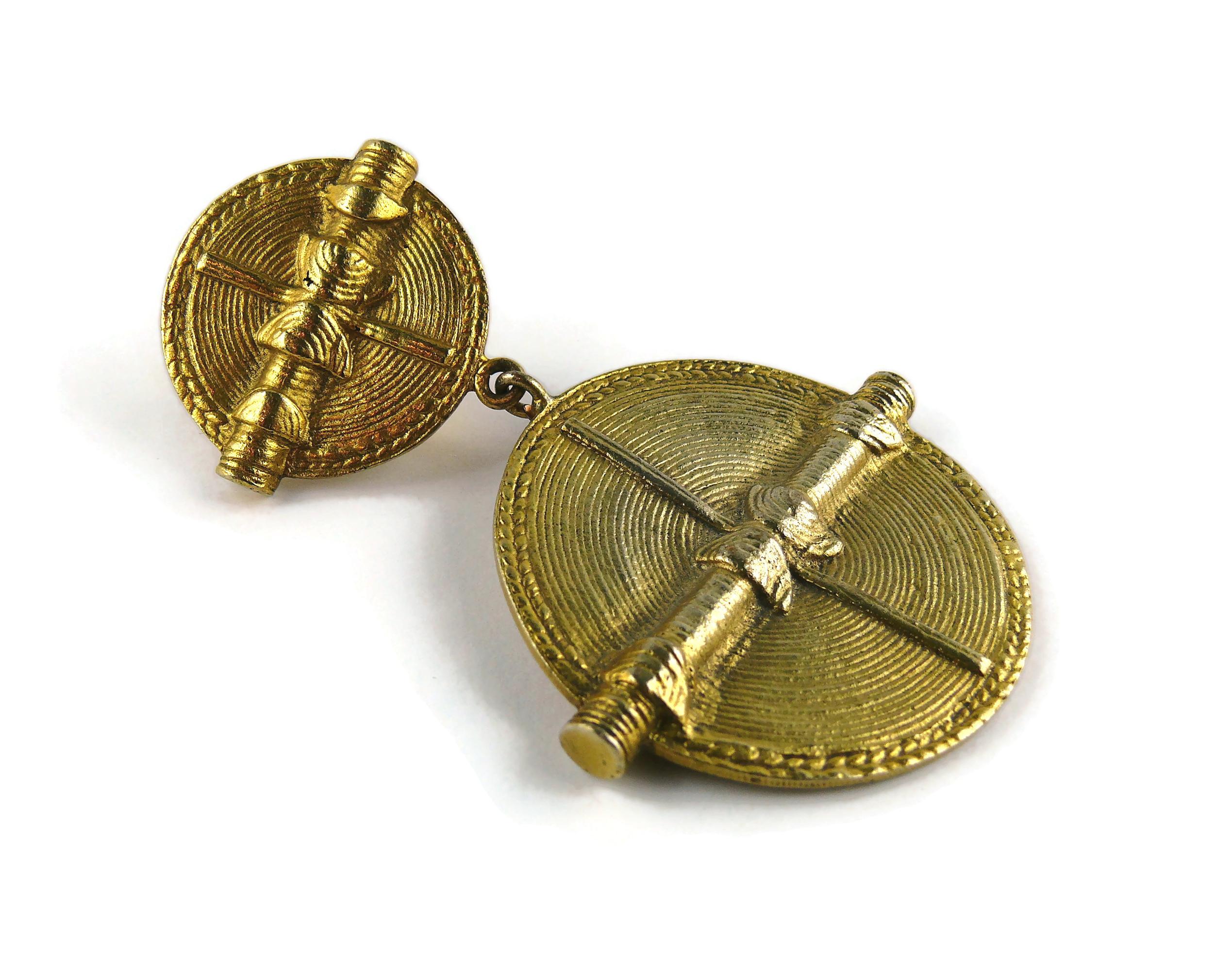 Chanel Vintage Antiqued Gold Toned African Inspired Shields Dangling Earrings For Sale 2