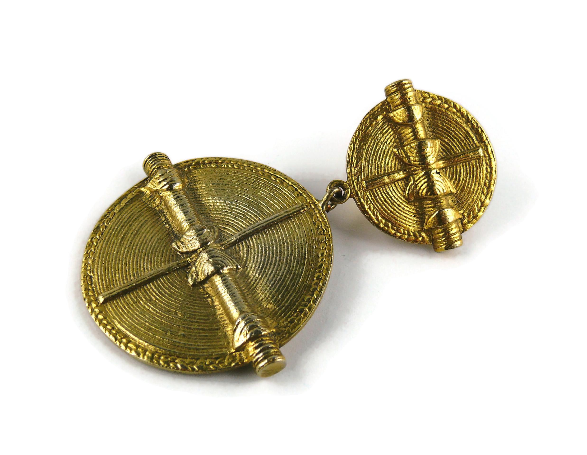 Chanel Vintage Antiqued Gold Toned African Inspired Shields Dangling Earrings For Sale 3
