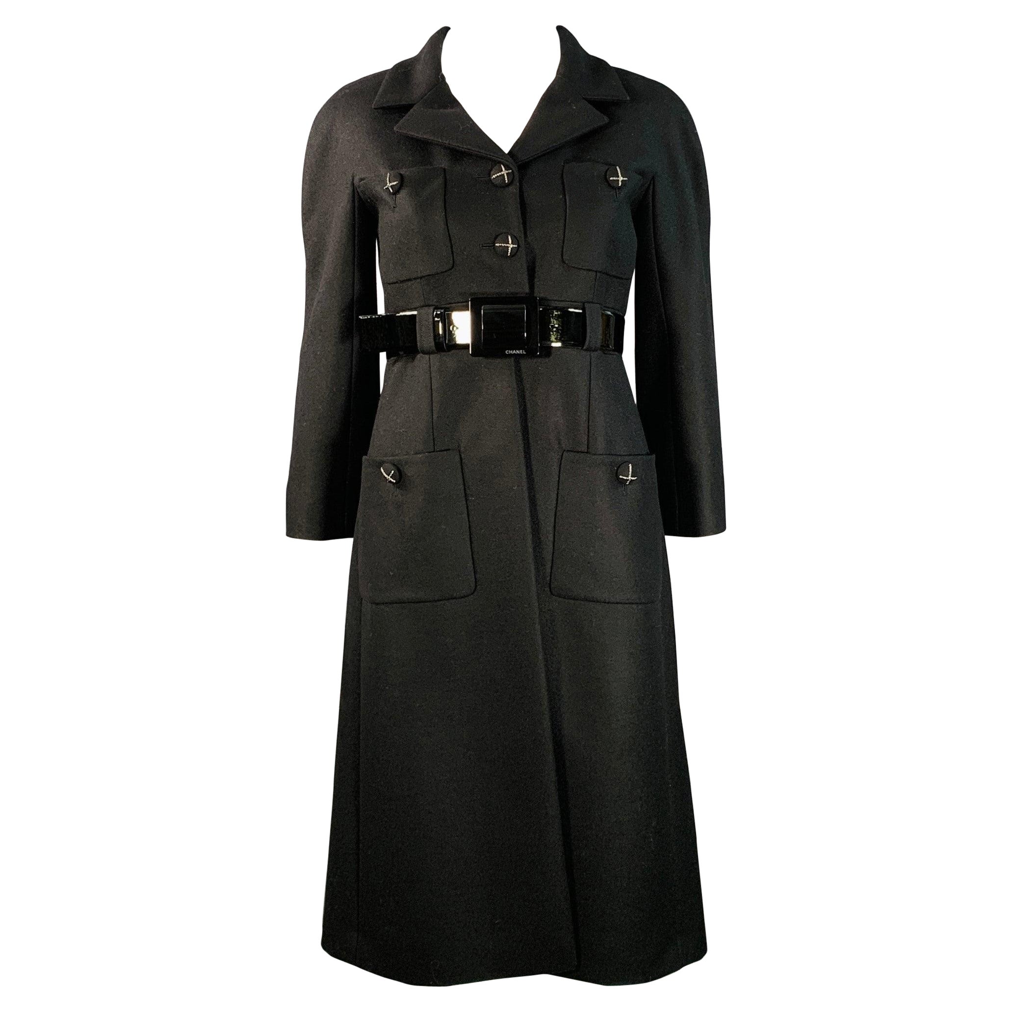 CHANEL Vintage AW07 Size 4 Black Wool Patent Leather 3/4 Sleeves Belted Coat
