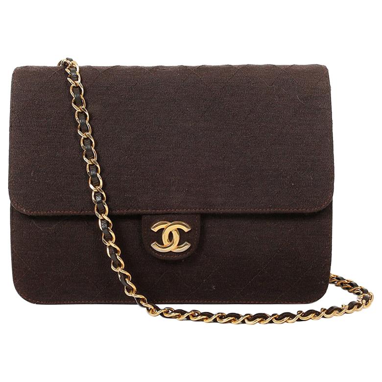 CHANEL vintage bag in brown jersey with golden chain For Sale at 1stDibs