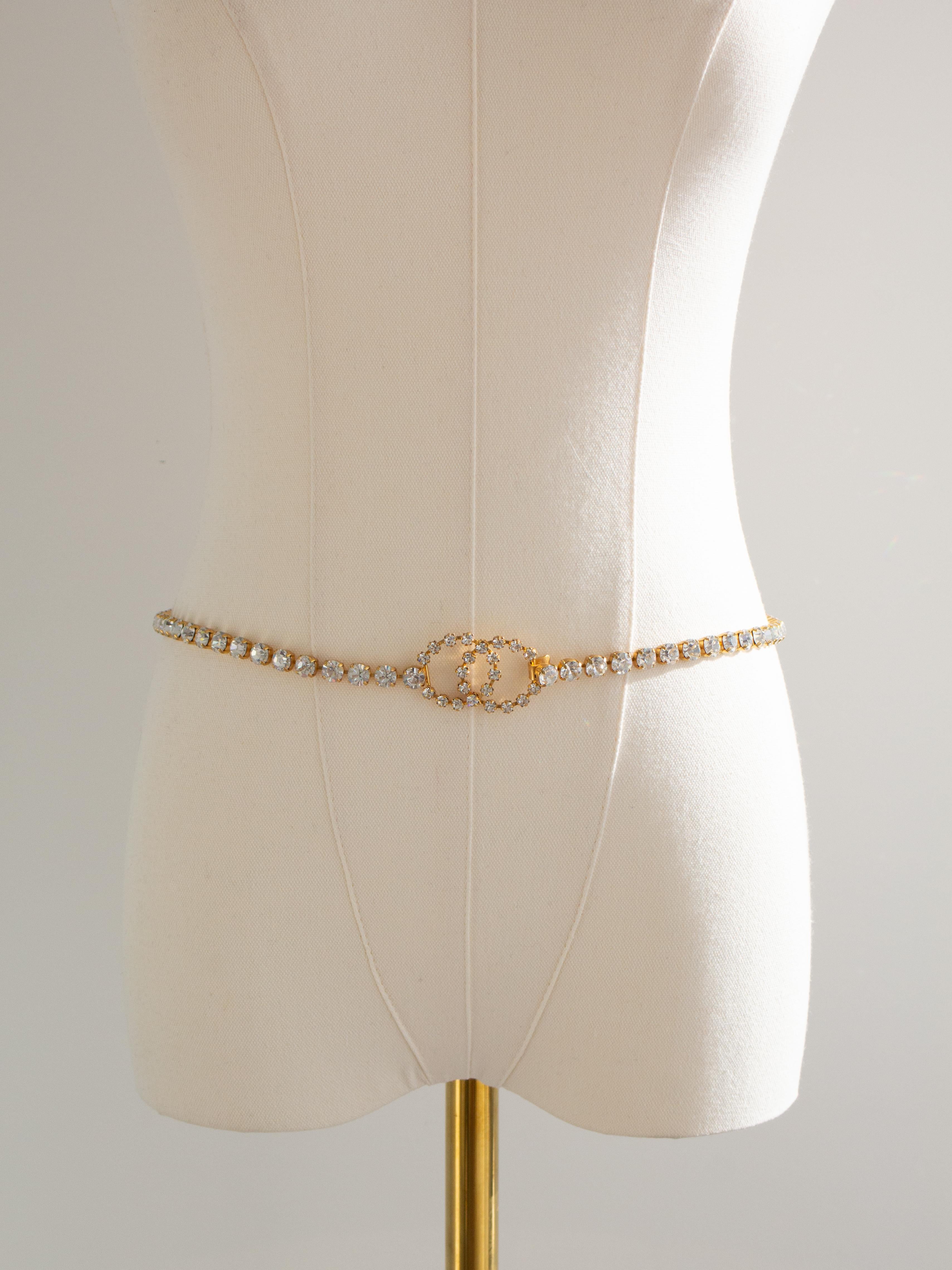 Chanel Vintage Barbie 1995 Crystal Rhinestone Embellished Chain Waist Gold Belt 13
