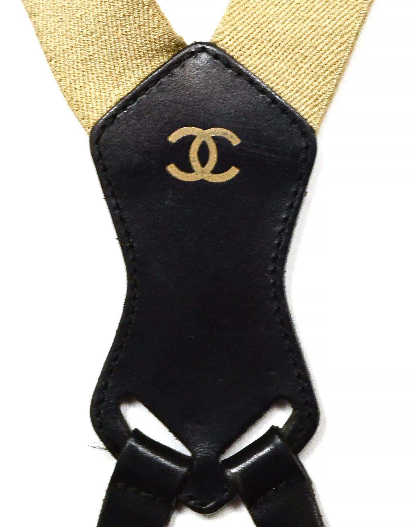 Chanel Vintage Beige & Black Logo Suspenders In Good Condition In New York, NY