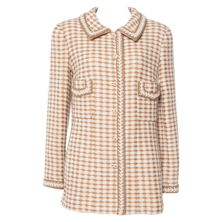 Chanel Vintage Beige Houndstooth Tweed Button Front Jacket L