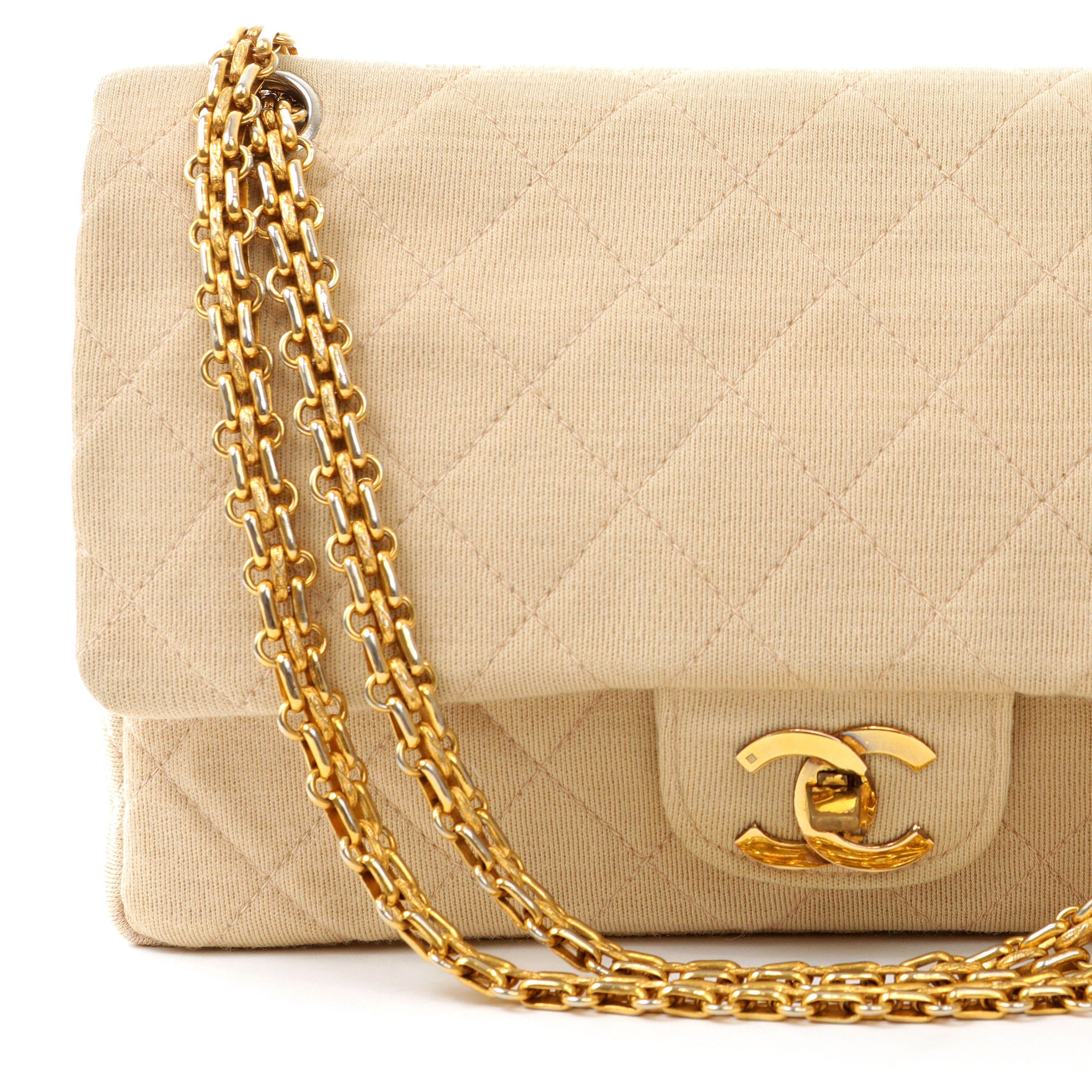 Chanel Vintage Beige Jersey Medium Classic Flap Bag In Good Condition For Sale In Palm Beach, FL
