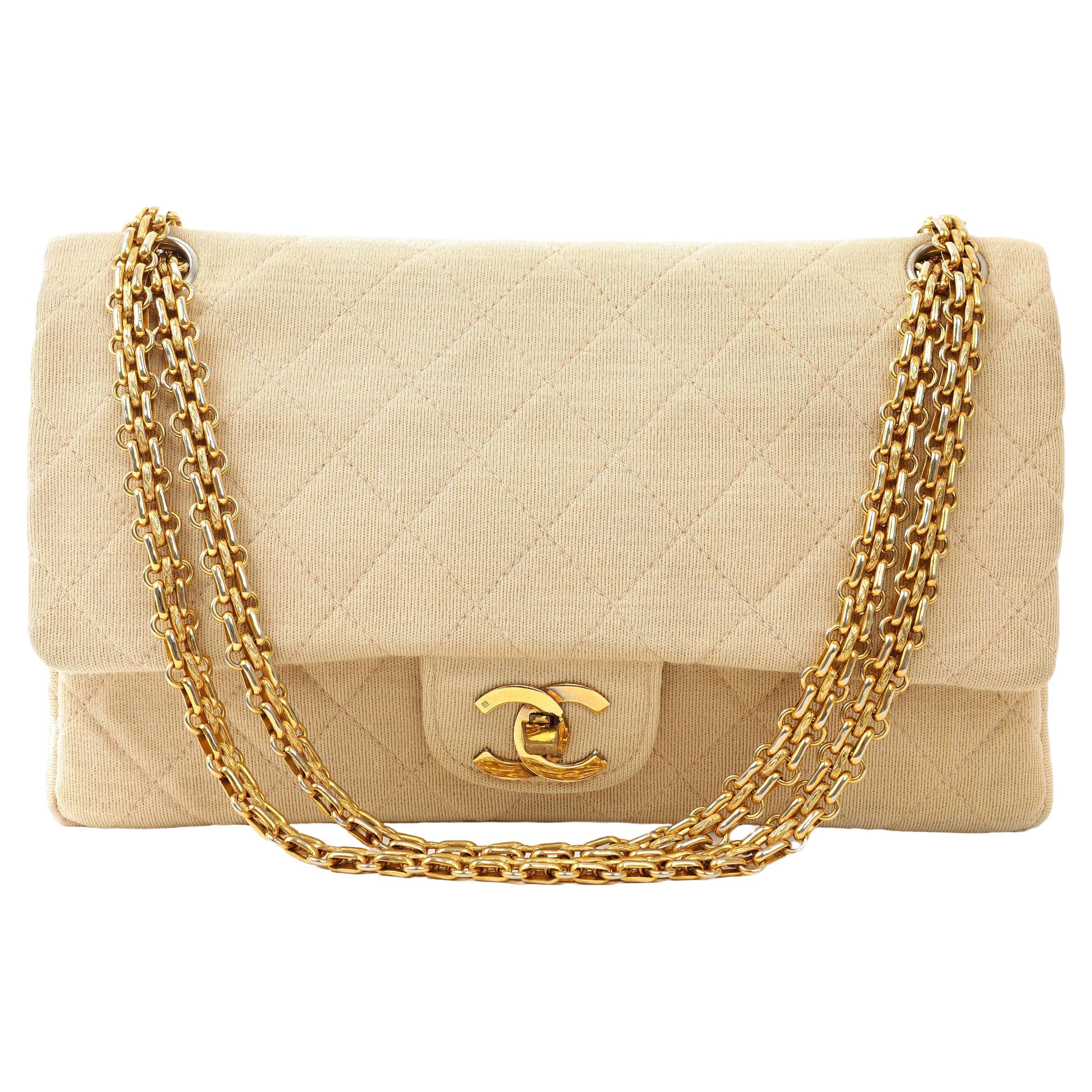 Chanel Vintage Beige Jersey Medium Classic Flap Bag For Sale
