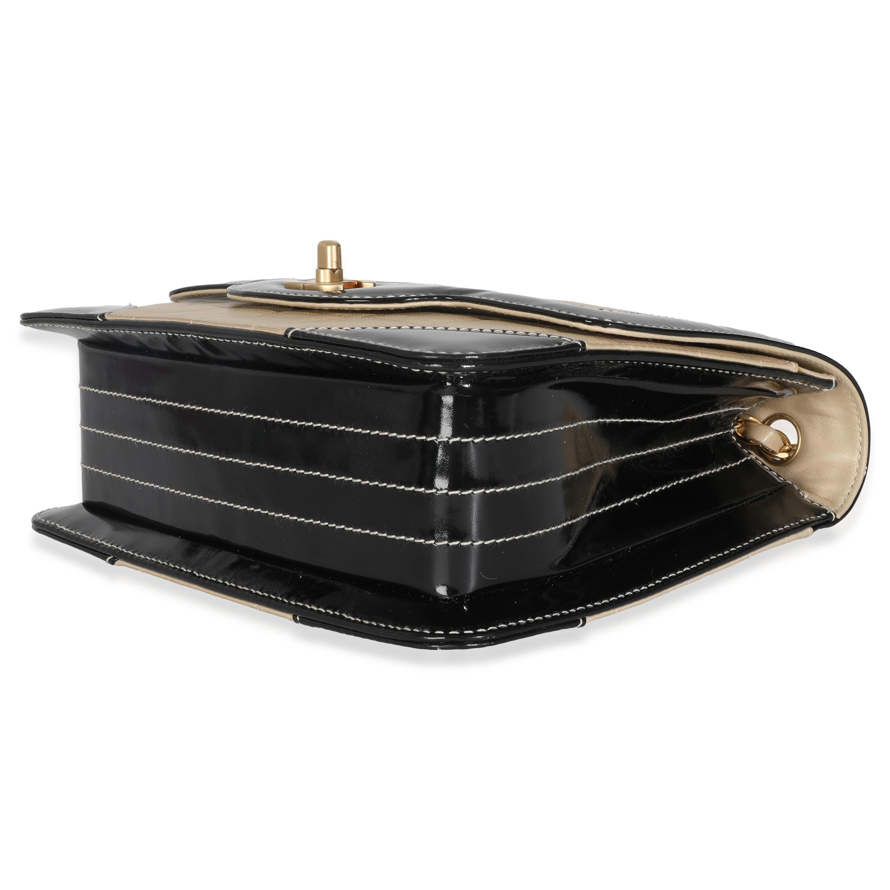 Chanel Vintage Beige Lambskin Black Patent Square Quilt Frame Flap Bag For Sale 1