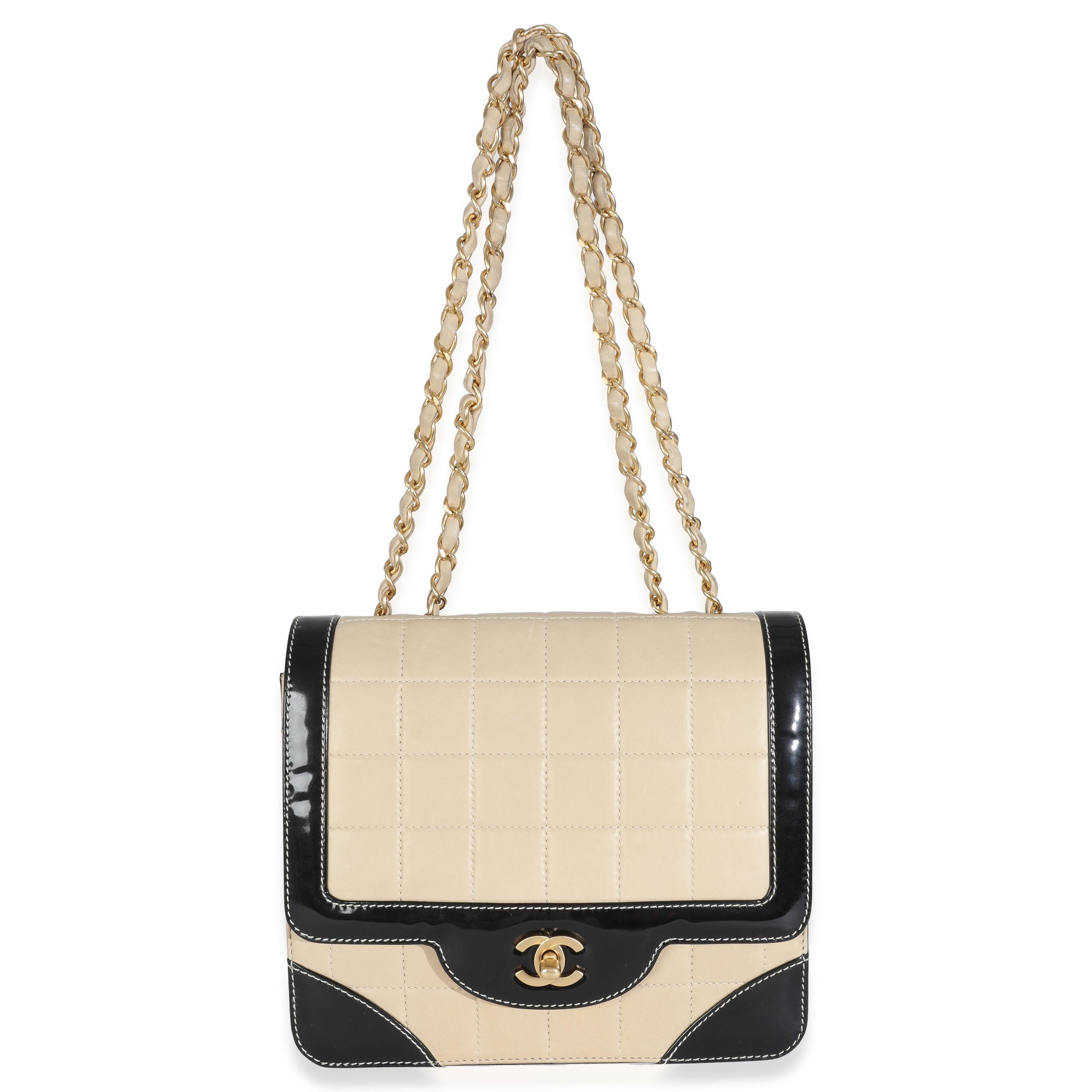 Chanel Vintage Beige Lambskin Black Patent Square Quilt Frame Flap Bag For Sale 2