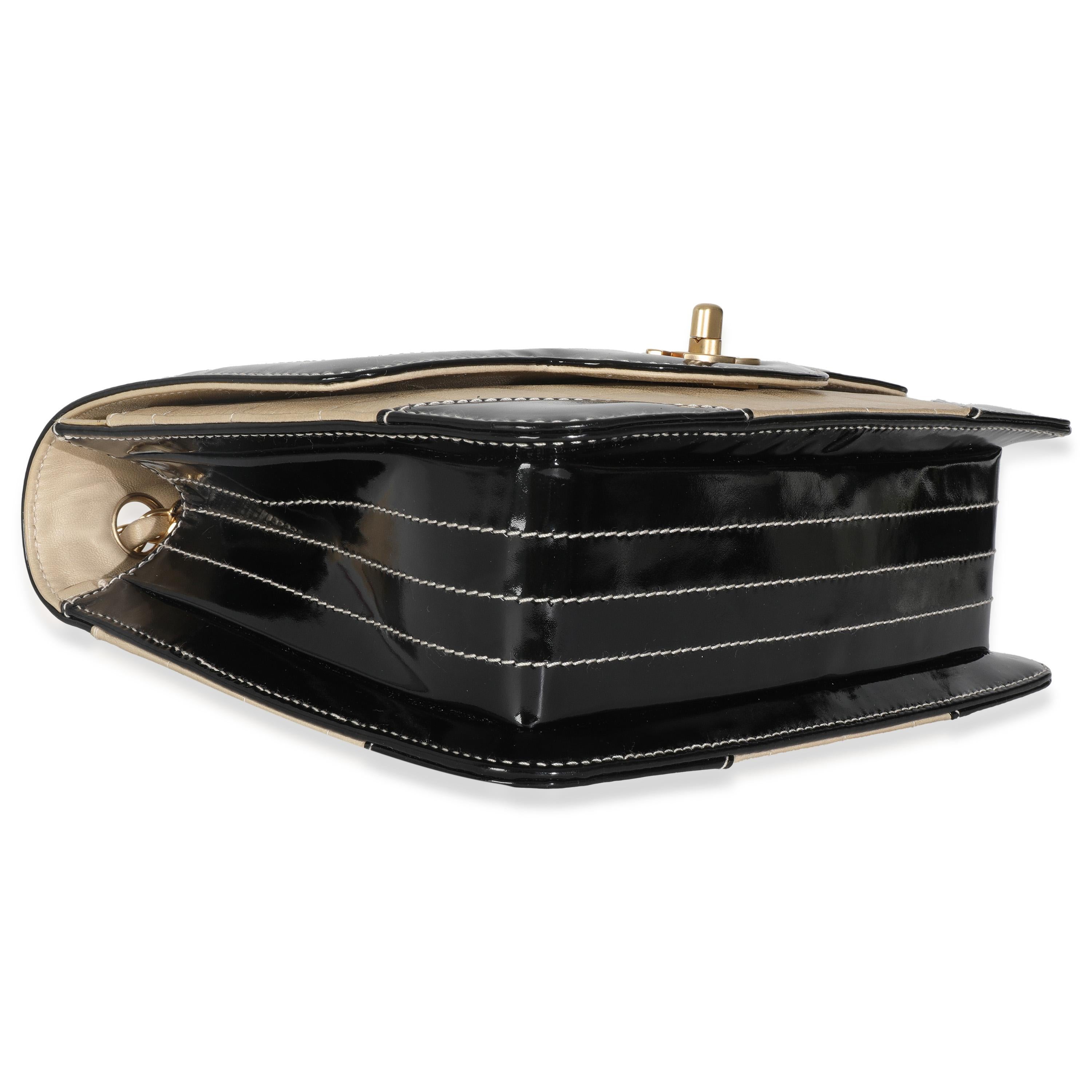 Chanel Vintage Beige Lambskin Black Patent Square Quilt Frame Flap Bag For Sale 3