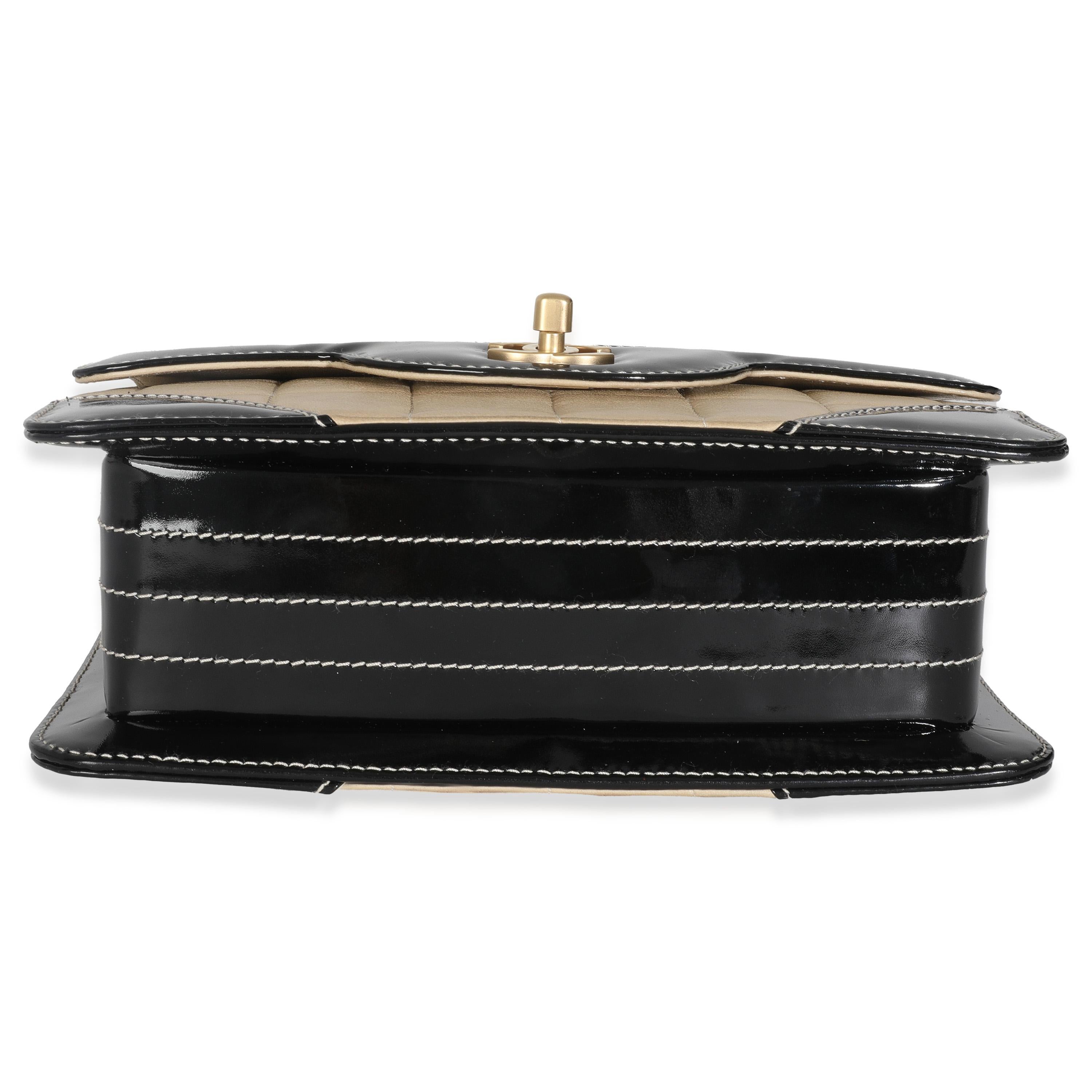 Chanel Vintage Beige Lambskin Black Patent Square Quilt Frame Flap Bag For Sale 4