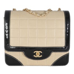 Chanel Vintage Beige Lambskin Black Patent Square Quilt Frame Flap Bag