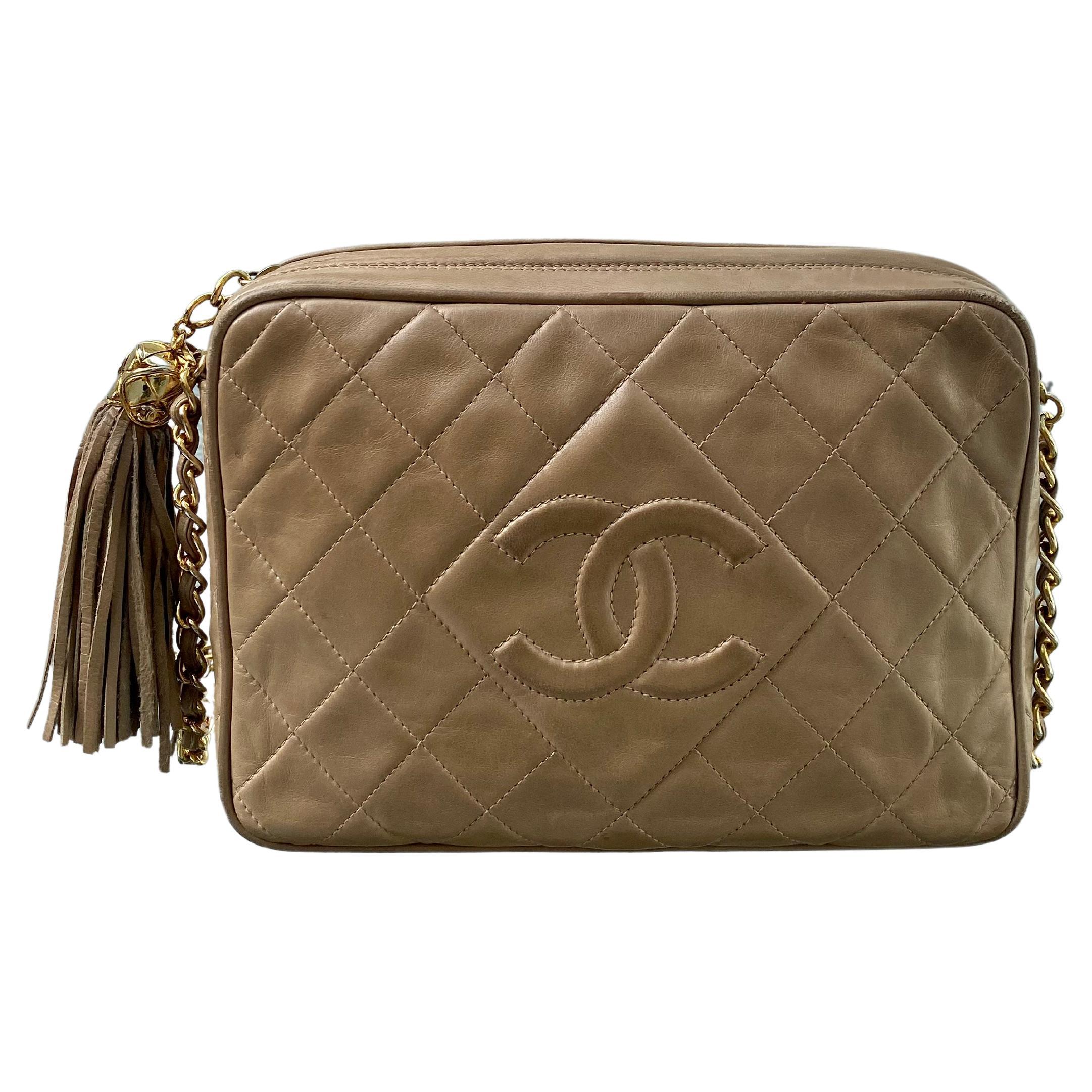 Chanel Vintage Beige Quilted Lambskin Camera Crossbody Bag For Sale