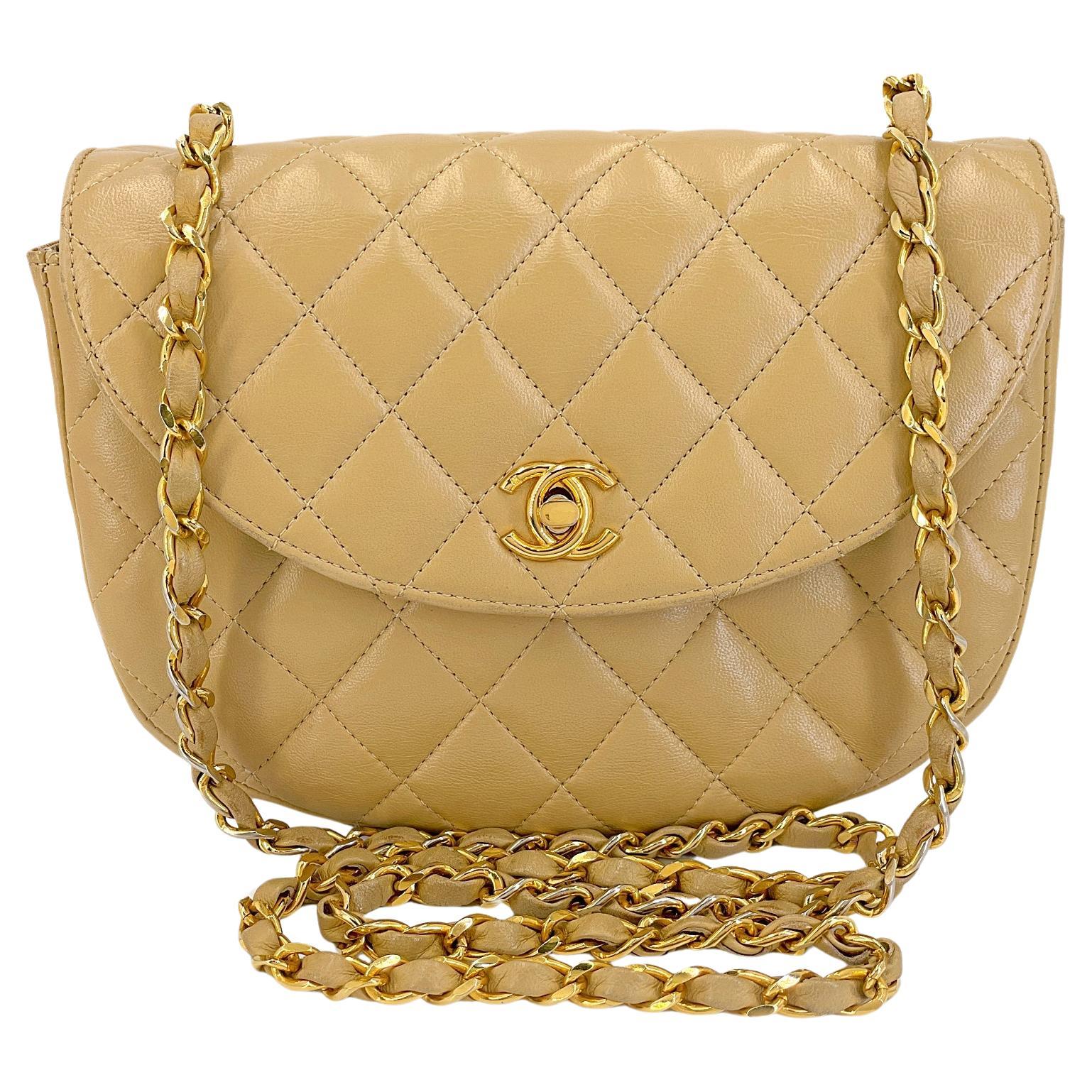 Chanel Vintage Beige Lambskin Half Moon Flap Bag 24k GHW 68344