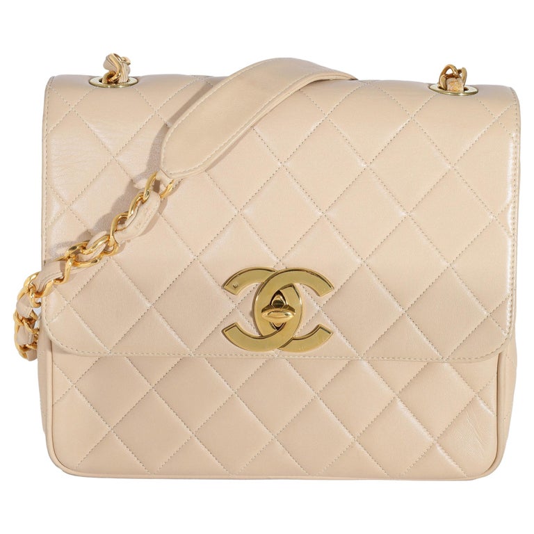 Chanel Vintage Beige Lambskin Jumbo 24k CC Square Flap Bag For Sale at  1stDibs