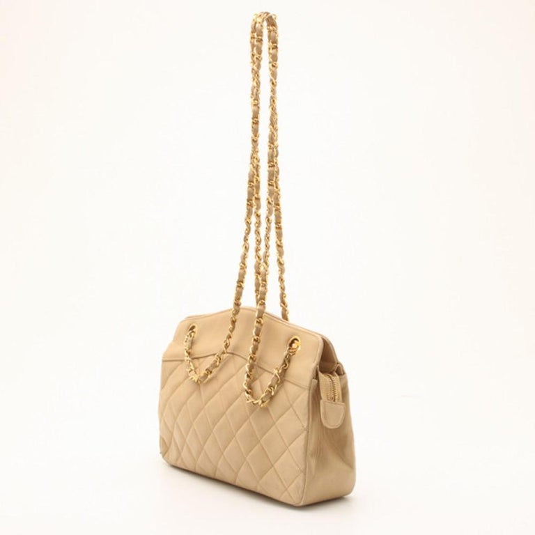 Chanel Vintage Beige Lambskin Quilted Shoulder Bag For Sale at 1stDibs