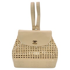 Chanel Vintage Beige Leder und Stroh Rucksack Umhängetasche