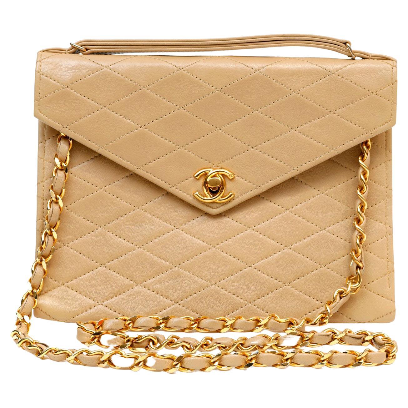 Chanel Vintage Beige Leather Envelope Flap Bag For Sale