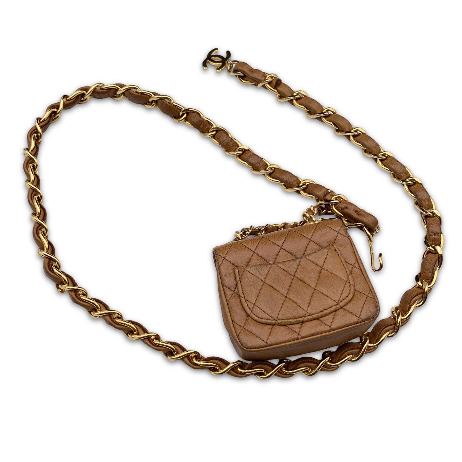 Women's Chanel Vintage Beige Leather Gold Chain Micro Classic Flap Belt Bag
