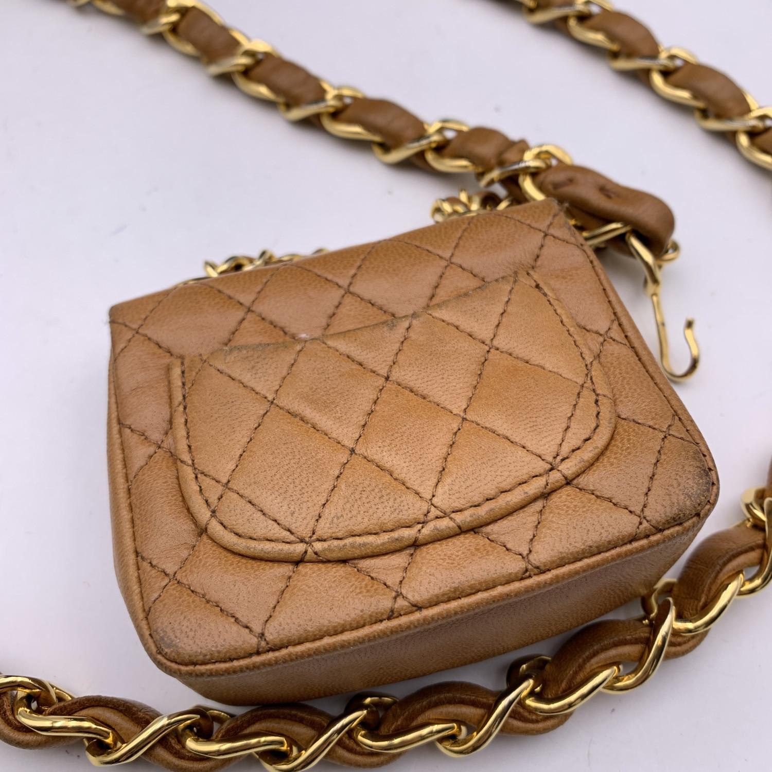 Chanel Vintage Beige Leather Gold Chain Micro Classic Flap Belt Bag 2