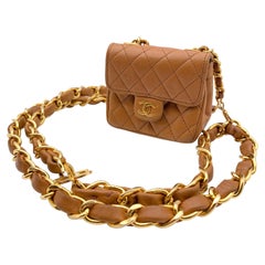 Chanel Vintage Beige Leather Gold Chain Micro Classic Flap Belt Bag