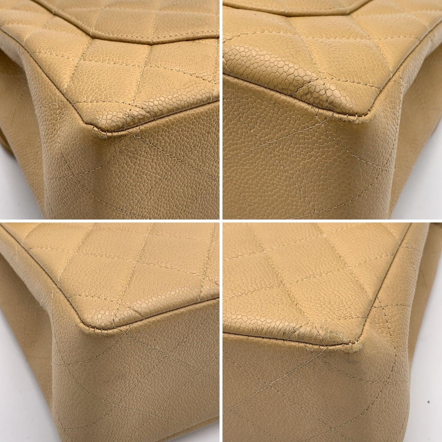 Chanel Vintage Beige Quilted Caviar Jumbo Timeless Classic Flap Bag For Sale 3