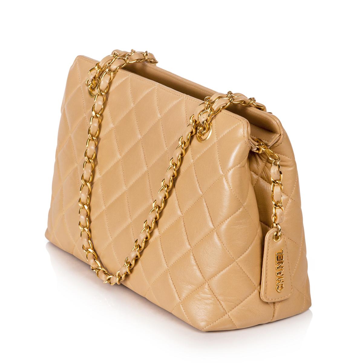 Chanel vintage beige quilted lambskin leather bag, made in France, 1997.

Date of manufacture: 1997
Origin: France
Material: lambskin leather, gold-tone hardware
Hardware: gold-tone
Includes: serial/n, dust bag
Dimensions: H 27 cm x W 19 cm x D 9