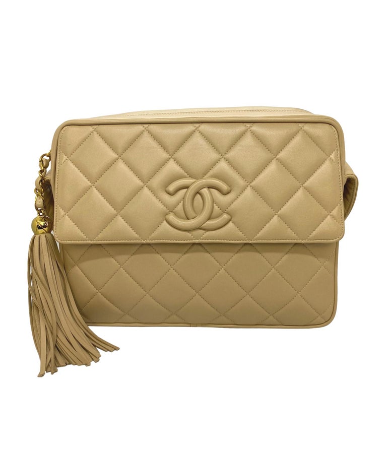 Chanel Vintage Beige Quilted Lambskin Leather Camera Bag with Gold Hardware